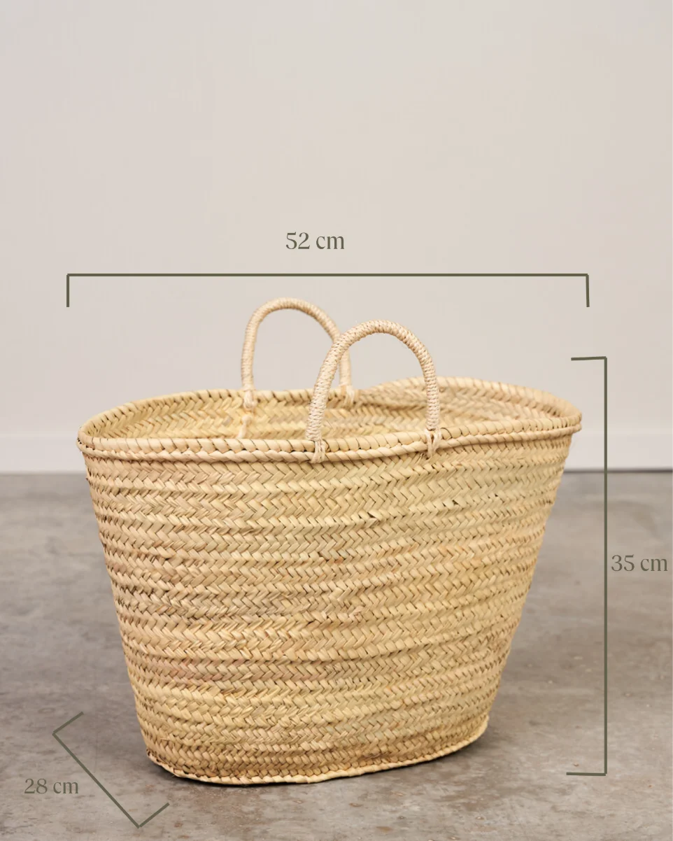 Guía de medidas y variantes de tamaño desde 38cm hasta 52cm del capazo de palma grande