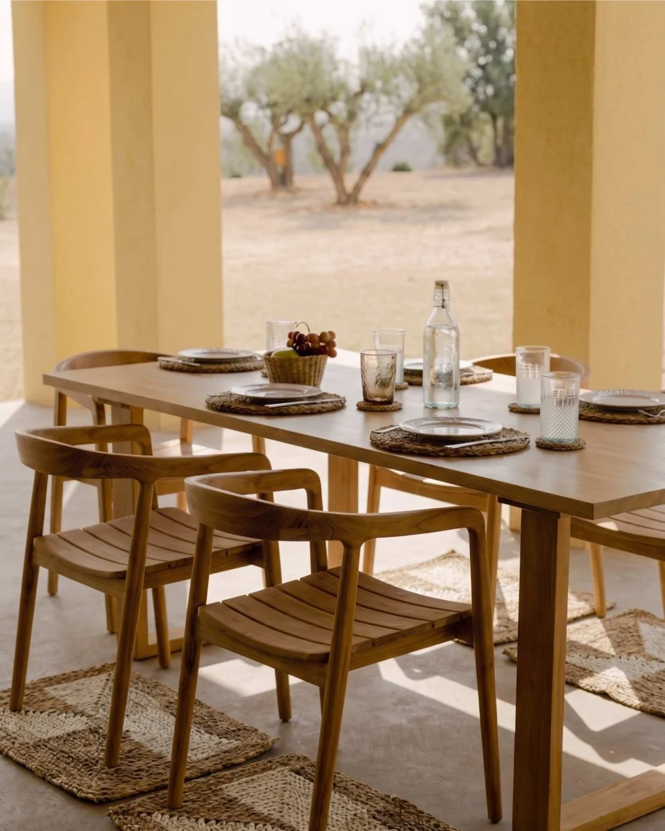 Silla Icaria de madera de teca maciza en mesa de comedor rústica mediterránea
