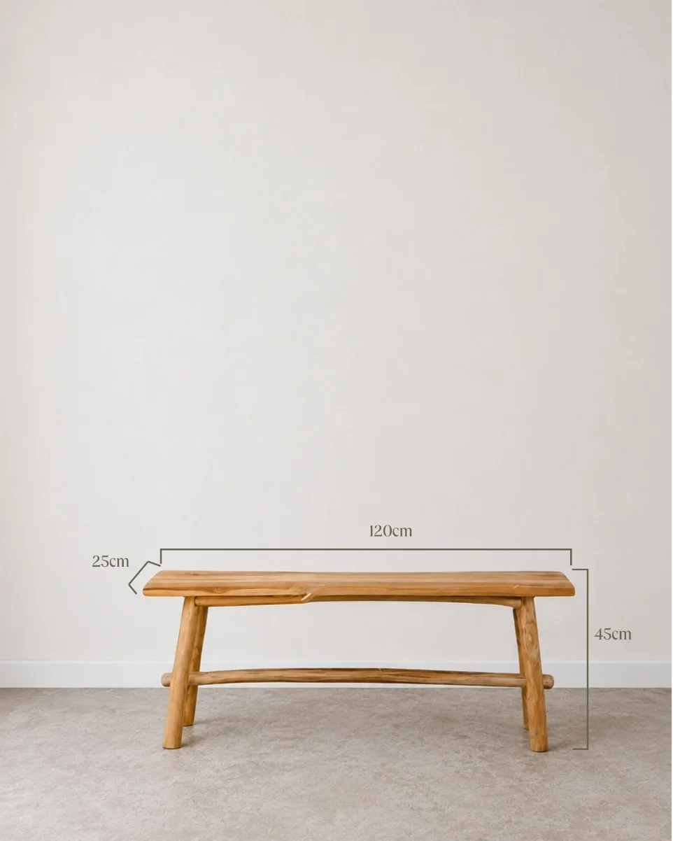 Plano comparativo con medidas de los bancos de teca de 50cm, 90cm y 120cm de largo