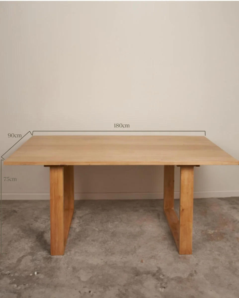 Plano técnico con cotas de 180x90cm y altura de 75cm de la mesa de eucalipto Hades