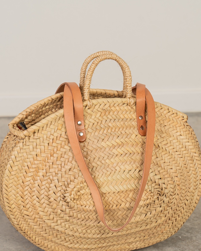 Capazo de palma oval asas de cuero beige y pita